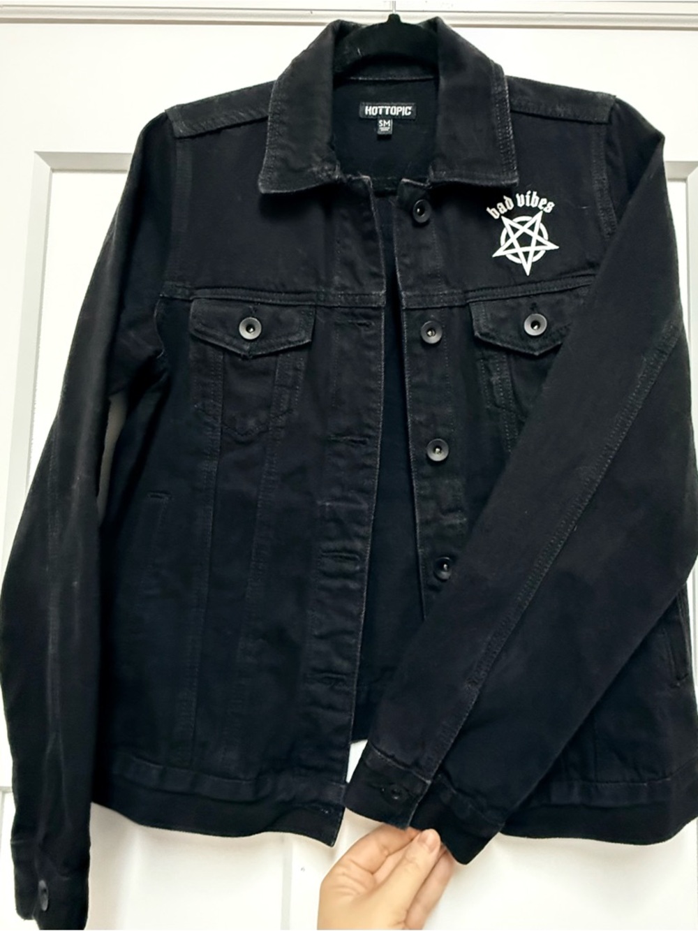 Hot Topic Black Denim Jacket with White 'Bad Vibes' Pentagram and Oija Board